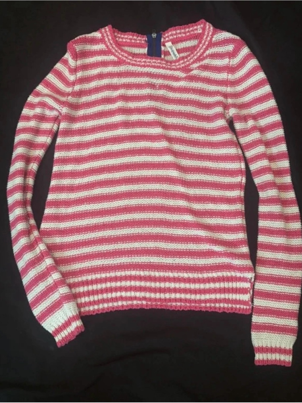 Aeropostale Pink White Striped Knit Sweater Back Zip Crewneck Size Small S